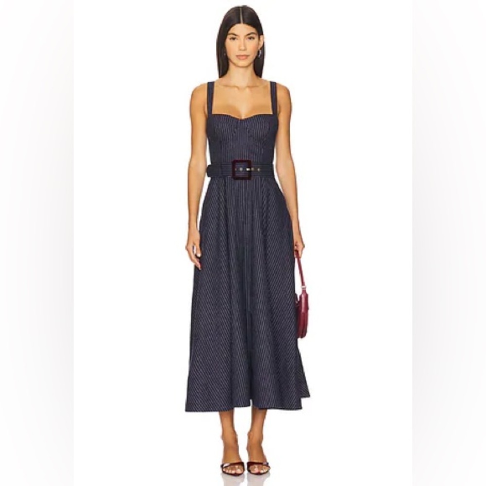 NEW Cara Cara Calypso Belt Bustier Midi Dress Navy Chalk Pin Stripe US 6 UK 10 - Picture 2 of 14